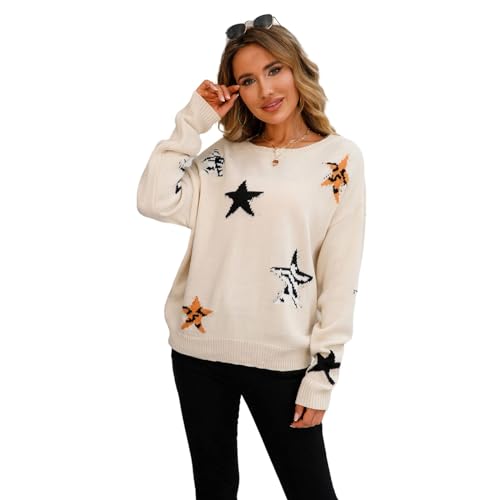 HEYPORK Damen Herbst Winter Warm Bequem Pullover Casual Mode Strickjacke Strickpullover Frauen Herbst/Winter Pullover Rundhals Stern Langarm Strickpullover(Aprikose, L) von HEYPORK
