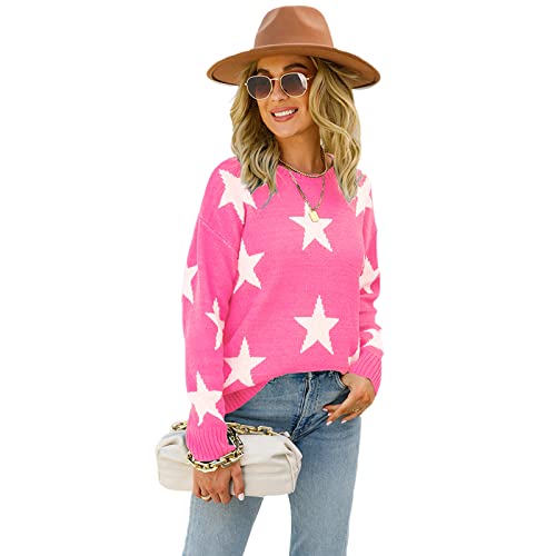 HEYPORK Damen Herbst Winter Warm Bequem Pullover Casual Mode Strickjacke Strickpullover Frauen Herbst/Winter Pullover Rundhals Strickpullover Bedruckter Strickpullover(Rosa, XL) von HEYPORK