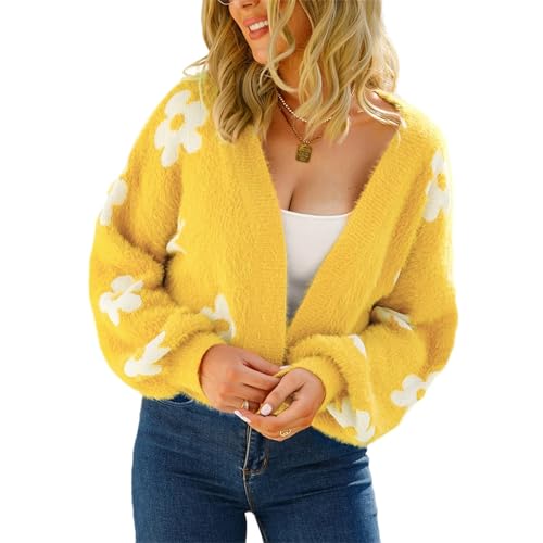 HEYPORK Damen Herbst Winter Warm Bequem Pullover Casual Mode Strickjacke Strickpullover Frauen Herbst Strickjacke StraßE Hipster Kurz Gestrickt Pullover Blumen Pullover(A Gelb, M) von HEYPORK