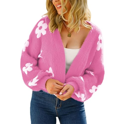 HEYPORK Damen Herbst Winter Warm Bequem Pullover Casual Mode Strickjacke Strickpullover Frauen Herbst Strickjacke StraßE Hipster Kurz Gestrickt Pullover Blumen Pullover(A Rot, M) von HEYPORK