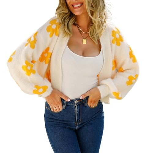 HEYPORK Damen Herbst Winter Warm Bequem Pullover Casual Mode Strickjacke Strickpullover Frauen Herbst Strickjacke StraßE Hipster Kurz Gestrickt Pullover Blumen Pullover(A Weiß, M) von HEYPORK