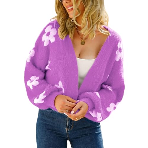 HEYPORK Damen Herbst Winter Warm Bequem Pullover Casual Mode Strickjacke Strickpullover Frauen Herbst Strickjacke StraßE Hipster Kurz Gestrickt Pullover Blumen Pullover(Lila, XL) von HEYPORK