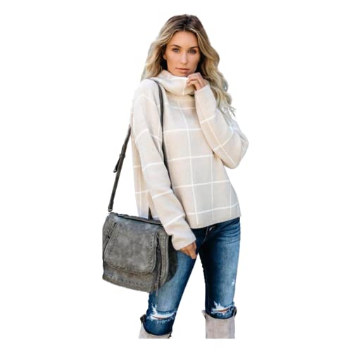 HEYPORK Damen Herbst Winter Warm Bequem Pullover Casual Mode Strickjacke Strickpullover Frauen Karierter Pullover Rollkragenpullover Karierter Strickpullover(Aprikose, M) von HEYPORK