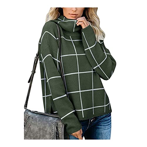 HEYPORK Damen Herbst Winter Warm Bequem Pullover Casual Mode Strickjacke Strickpullover Frauen Karierter Pullover Rollkragenpullover Karierter Strickpullover(Grün, M) von HEYPORK