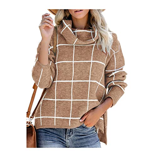 HEYPORK Damen Herbst Winter Warm Bequem Pullover Casual Mode Strickjacke Strickpullover Frauen Karierter Pullover Rollkragenpullover Karierter Strickpullover(Khaki, L) von HEYPORK