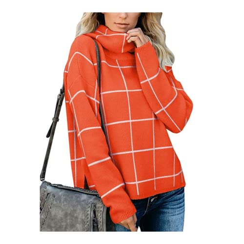 HEYPORK Damen Herbst Winter Warm Bequem Pullover Casual Mode Strickjacke Strickpullover Frauen Karierter Pullover Rollkragenpullover Karierter Strickpullover(Orange, L) von HEYPORK