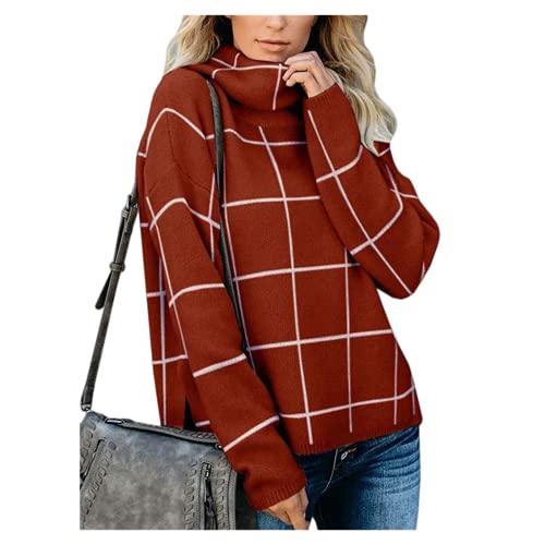 HEYPORK Damen Herbst Winter Warm Bequem Pullover Casual Mode Strickjacke Strickpullover Frauen Karierter Pullover Rollkragenpullover Karierter Strickpullover(Rot, L) von HEYPORK