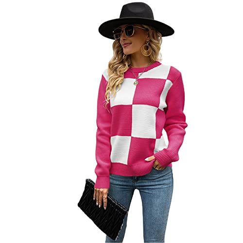 HEYPORK Damen Herbst Winter Warm Bequem Pullover Casual Mode Strickjacke Strickpullover Frauen Karo Rundhals Strickpulli Pullover(Rot, M) von HEYPORK