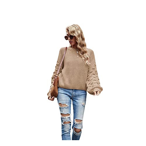 HEYPORK Damen Herbst Winter Warm Bequem Pullover Casual Mode Strickjacke Strickpullover Frauen Lange Ärmel Große Ärmel Kurze Persönlichkeit Mode Gestrickter Pullover(Aprikose, M) von HEYPORK