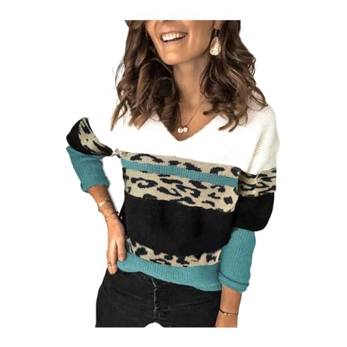 HEYPORK Damen Herbst Winter Warm Bequem Pullover Casual Mode Strickjacke Strickpullover Frauen Leopard Drucken Nähen Persönlichkeit V-Ausschnitt Stricken Bottoming Pullover(D Grün, M) von HEYPORK