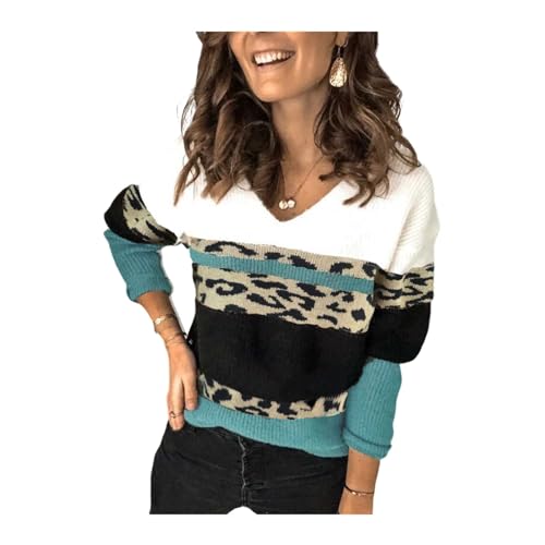 HEYPORK Damen Herbst Winter Warm Bequem Pullover Casual Mode Strickjacke Strickpullover Frauen Leopard Drucken Nähen Persönlichkeit V-Ausschnitt Stricken Bottoming Pullover(Grün, S) von HEYPORK