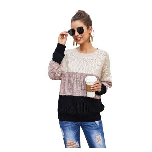 HEYPORK Damen Herbst Winter Warm Bequem Pullover Casual Mode Strickjacke Strickpullover Frauen Lose dreifarbige Patchwork Rundhals Langarm Strickwaren(Schwarz, L) von HEYPORK