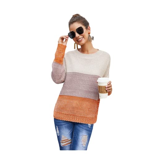 HEYPORK Damen Herbst Winter Warm Bequem Pullover Casual Mode Strickjacke Strickpullover Frauen Lose dreifarbige Patchwork Rundhals Langarm Strickwaren(Orange, S) von HEYPORK