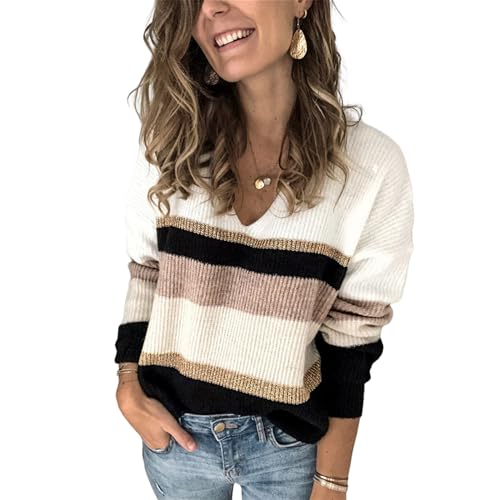 HEYPORK Damen Herbst Winter Warm Bequem Pullover Casual Mode Strickjacke Strickpullover Frauen Mode Pullover Patchwork V-Ausschnitt Strickpullover(Schwarz, M) von HEYPORK