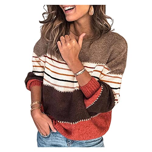 HEYPORK Damen Herbst Winter Warm Bequem Pullover Casual Mode Strickjacke Strickpullover Frauen Persönlichkeit Colorblock Rundhals Dicker Lockerer Strickpullover(B Rot, XL) von HEYPORK