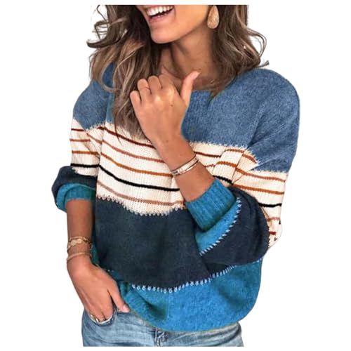 HEYPORK Damen Herbst Winter Warm Bequem Pullover Casual Mode Strickjacke Strickpullover Frauen Persönlichkeit Colorblock Rundhals Dicker Lockerer Strickpullover(Blau, L) von HEYPORK