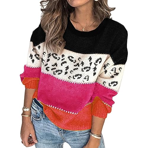 HEYPORK Damen Herbst Winter Warm Bequem Pullover Casual Mode Strickjacke Strickpullover Frauen Persönlichkeit Leopardenmuster Spleißen Mode Strickpullover Pullover(B Rot, L) von HEYPORK