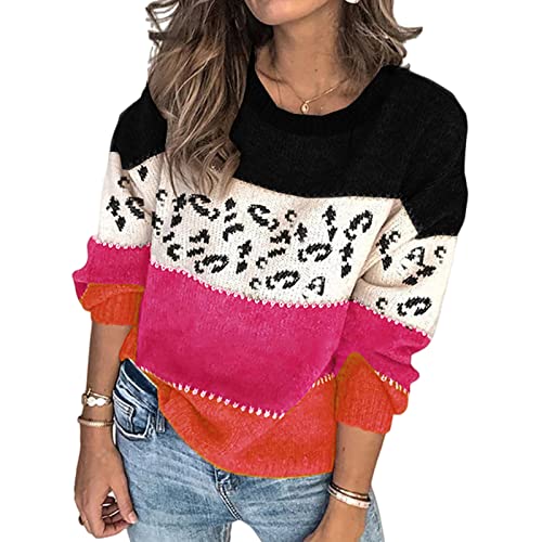 HEYPORK Damen Herbst Winter Warm Bequem Pullover Casual Mode Strickjacke Strickpullover Frauen Persönlichkeit Leopardenmuster Spleißen Mode Strickpullover Pullover(B Rot, XL) von HEYPORK