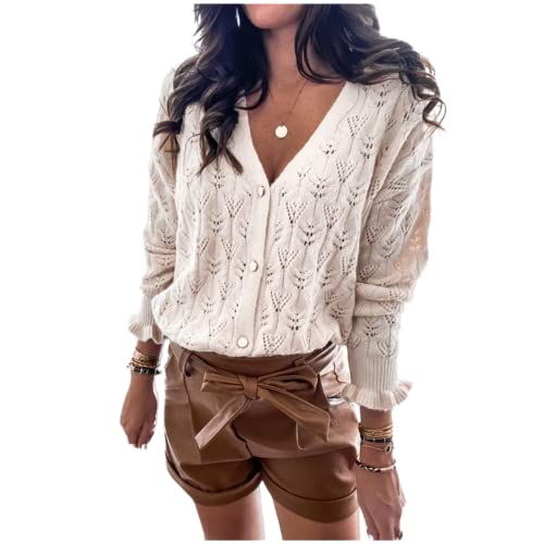 HEYPORK Damen Herbst Winter Warm Bequem Pullover Casual Mode Strickjacke Strickpullover Frauen Persönlichkeit Taste Strickjacke Hohlen Loch Stricken Kleine Jacke(A6 Aprikose, L) von HEYPORK