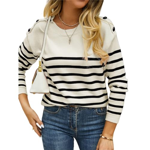 HEYPORK Damen Herbst Winter Warm Bequem Pullover Casual Mode Strickjacke Strickpullover Frauen Pullover Button Down Pullover Streifen Spleißen Mode Strickpullover(Schwarz, L) von HEYPORK