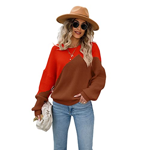 HEYPORK Damen Herbst Winter Warm Bequem Pullover Casual Mode Strickjacke Strickpullover Frauen Pullover Farbblockierung Batwing Pullover Rundhals Strickpullover(Braun, M) von HEYPORK
