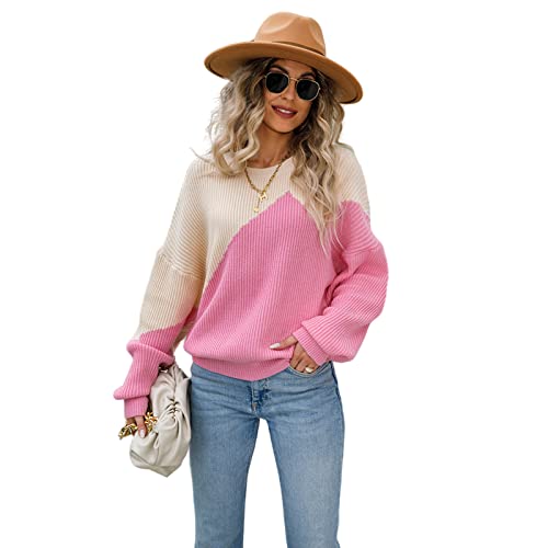 HEYPORK Damen Herbst Winter Warm Bequem Pullover Casual Mode Strickjacke Strickpullover Frauen Pullover Farbblockierung Batwing Pullover Rundhals Strickpullover(Rosa, L) von HEYPORK