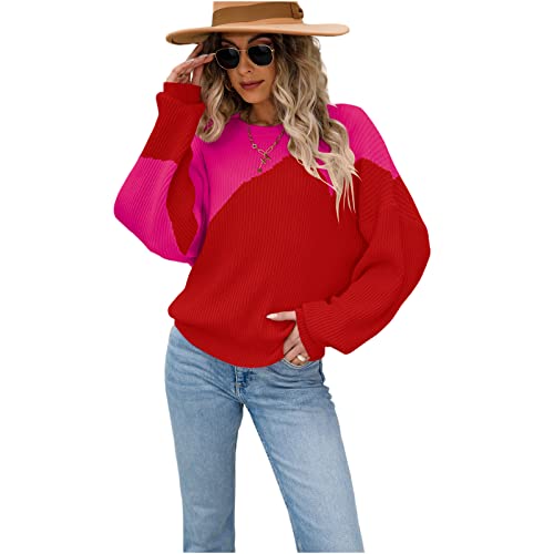 HEYPORK Damen Herbst Winter Warm Bequem Pullover Casual Mode Strickjacke Strickpullover Frauen Pullover Farbblockierung Batwing Pullover Rundhals Strickpullover(Rot, L) von HEYPORK