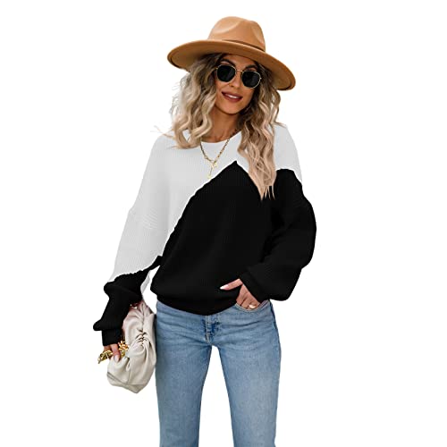 HEYPORK Damen Herbst Winter Warm Bequem Pullover Casual Mode Strickjacke Strickpullover Frauen Pullover Farbblockierung Batwing Pullover Rundhals Strickpullover(Schwarz, L) von HEYPORK