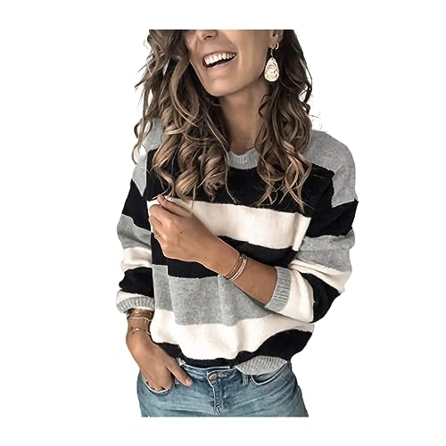 HEYPORK Damen Herbst Winter Warm Bequem Pullover Casual Mode Strickjacke Strickpullover Frauen Pullover Gestreiften Strickpullover Bottoming Shirt(F Grau, XL) von HEYPORK