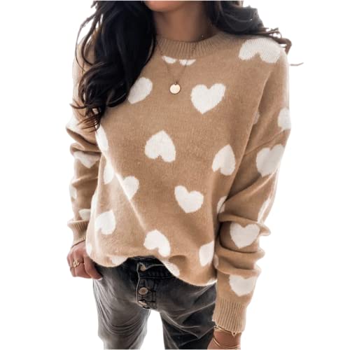 HEYPORK Damen Herbst Winter Warm Bequem Pullover Casual Mode Strickjacke Strickpullover Frauen Pullover Herz Gestrickt Valentinstag Pullover(Khaki, L) von HEYPORK