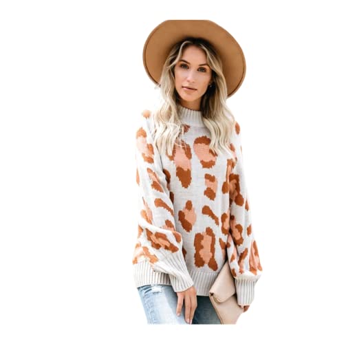 HEYPORK Damen Herbst Winter Warm Bequem Pullover Casual Mode Strickjacke Strickpullover Frauen Pullover Leoparden Muster Pullover Gestrickt Pullover Winter Druck(Aprikose, XL) von HEYPORK