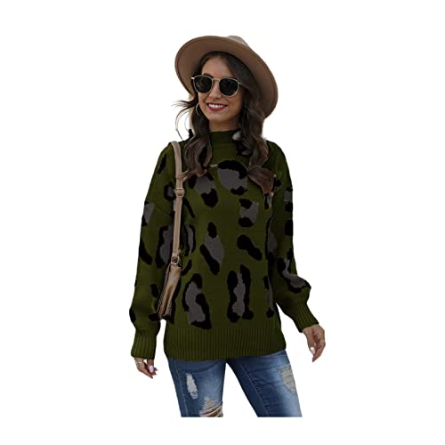 HEYPORK Damen Herbst Winter Warm Bequem Pullover Casual Mode Strickjacke Strickpullover Frauen Pullover Leoparden Muster Pullover Gestrickt Pullover Winter Druck(Grün, L) von HEYPORK