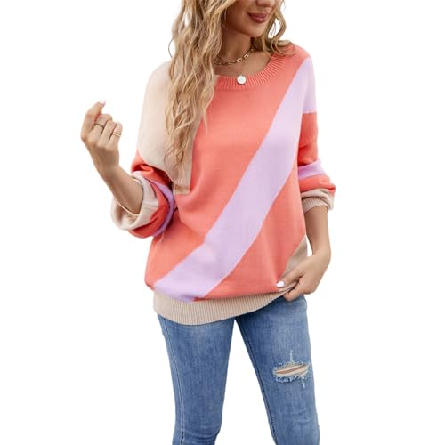 HEYPORK Damen Herbst Winter Warm Bequem Pullover Casual Mode Strickjacke Strickpullover Frauen Pullover Patchwork Rundhals Lose Strickpullover Pullover(Orange, M) von HEYPORK