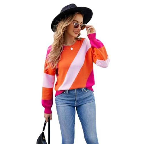 HEYPORK Damen Herbst Winter Warm Bequem Pullover Casual Mode Strickjacke Strickpullover Frauen Pullover Patchwork Rundhals Lose Strickpullover Pullover(Rot, M) von HEYPORK