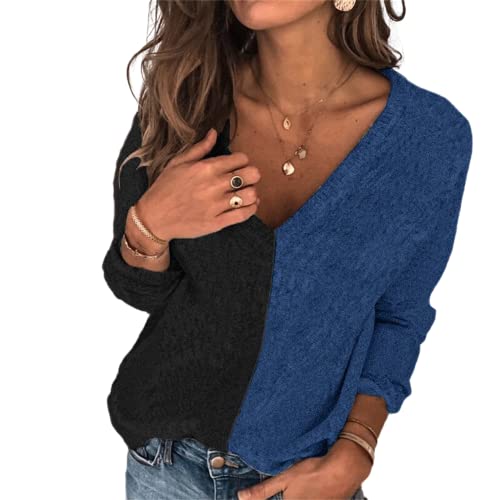 HEYPORK Damen Herbst Winter Warm Bequem Pullover Casual Mode Strickjacke Strickpullover Frauen Pullover Patchwork Rundhals Mode Persönlichkeit Stricken Pullover(Blau, M) von HEYPORK