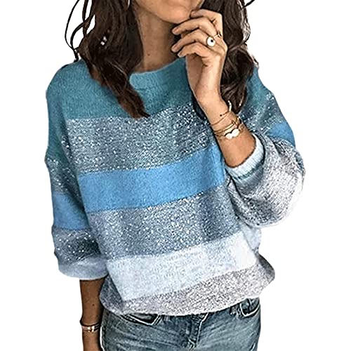 HEYPORK Damen Herbst Winter Warm Bequem Pullover Casual Mode Strickjacke Strickpullover Frauen Pullover Rundhals Mode Persönlichkeit Gestreift Lose Stricken Pullover(A1 Blau, L) von HEYPORK