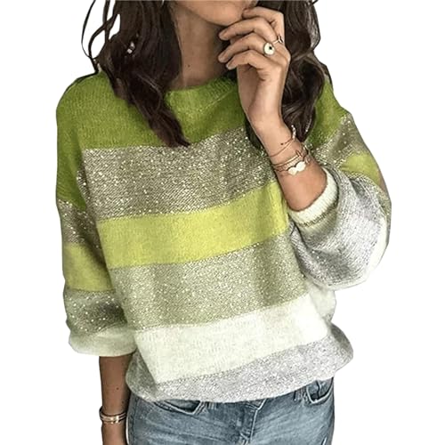 HEYPORK Damen Herbst Winter Warm Bequem Pullover Casual Mode Strickjacke Strickpullover Frauen Pullover Rundhals Mode Persönlichkeit Gestreift Lose Stricken Pullover(D Grün, XL) von HEYPORK