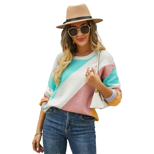 HEYPORK Damen Herbst Winter Warm Bequem Pullover Casual Mode Strickjacke Strickpullover Frauen Pullover Streifen Spleißen Mode Rundhals Pullover(Hellgrün, XL) von HEYPORK