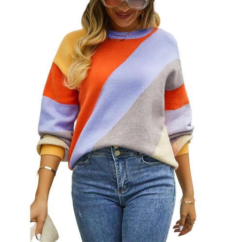 HEYPORK Damen Herbst Winter Warm Bequem Pullover Casual Mode Strickjacke Strickpullover Frauen Pullover Streifen Spleißen Mode Rundhals Pullover(Orange, M) von HEYPORK