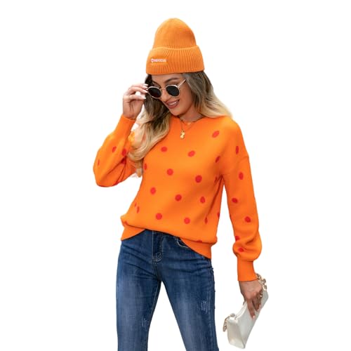 HEYPORK Damen Herbst Winter Warm Bequem Pullover Casual Mode Strickjacke Strickpullover Frauen Pullover Strickwaren Polka Dot Pullover(Orange, S) von HEYPORK