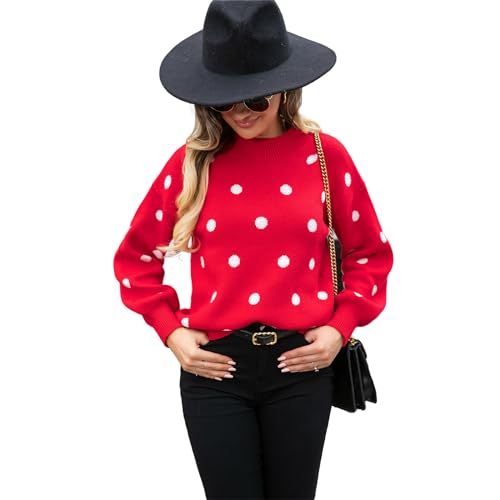HEYPORK Damen Herbst Winter Warm Bequem Pullover Casual Mode Strickjacke Strickpullover Frauen Pullover Strickwaren Polka Dot Pullover(Rot, L) von HEYPORK