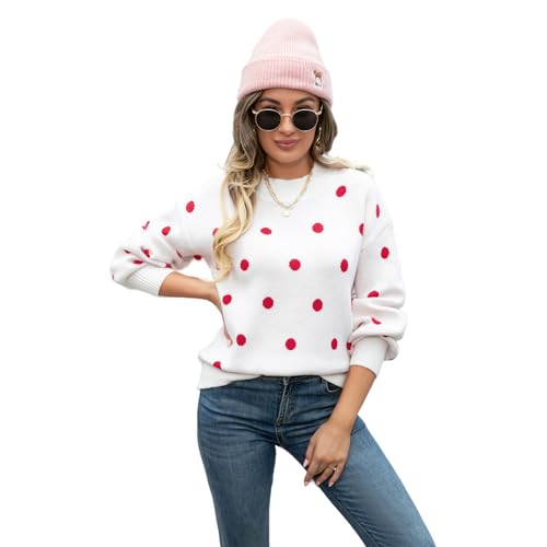 HEYPORK Damen Herbst Winter Warm Bequem Pullover Casual Mode Strickjacke Strickpullover Frauen Pullover Strickwaren Polka Dot Pullover(Weiß, M) von HEYPORK