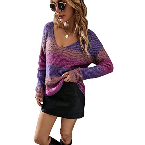 HEYPORK Damen Herbst Winter Warm Bequem Pullover Casual Mode Strickjacke Strickpullover Frauen Pullover Unregelmäßig Farbverlauf Stricken(Lila, L) von HEYPORK