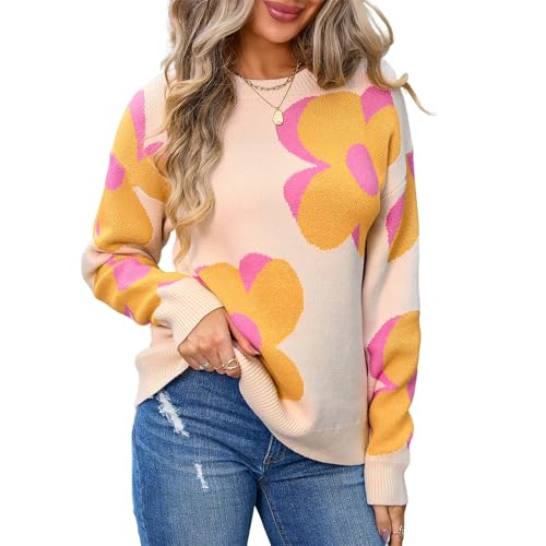 HEYPORK Damen Herbst Winter Warm Bequem Pullover Casual Strickpullover Frauen Rundhals Bedruckt Mode Große Blume Pullover(Aprikose, XL) von HEYPORK