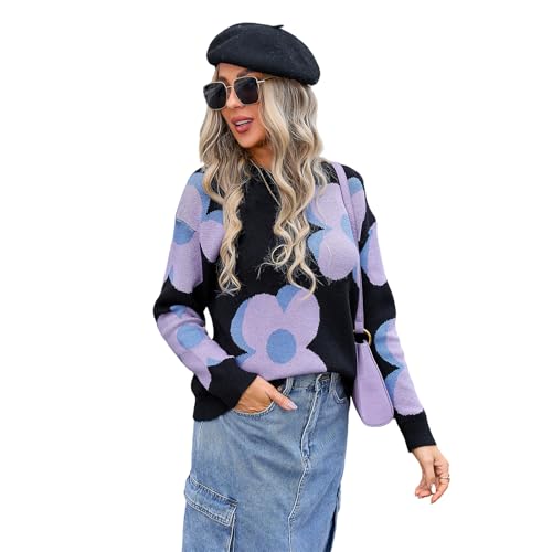 HEYPORK Damen Herbst Winter Warm Bequem Pullover Casual Strickpullover Frauen Rundhals Bedruckt Mode Große Blume Pullover(Schwarz, S) von HEYPORK