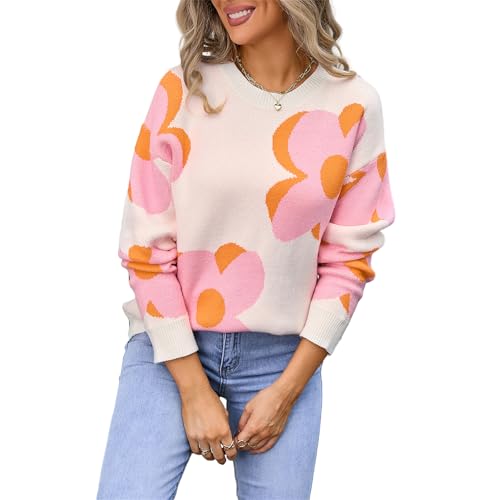 HEYPORK Damen Herbst Winter Warm Bequem Pullover Casual Strickpullover Frauen Rundhals Bedruckt Mode Große Blume Pullover(Weiß, S) von HEYPORK