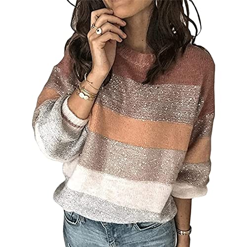 HEYPORK Damen Herbst Winter Warm Bequem Pullover Casual Mode Strickjacke Strickpullover Frauen Rundhals Persönlichkeit Gestreift Lose Stricken Pullover(D Rosa, XL) von HEYPORK