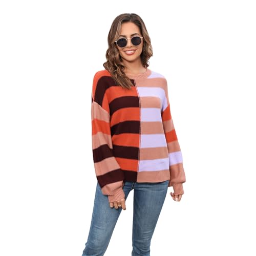 HEYPORK Damen Herbst Winter Warm Bequem Pullover Casual Mode Strickjacke Strickpullover Frauen Splicing Streifen Farbe Kollision Rundhals Strickpullover Pullover(Orange, XL) von HEYPORK
