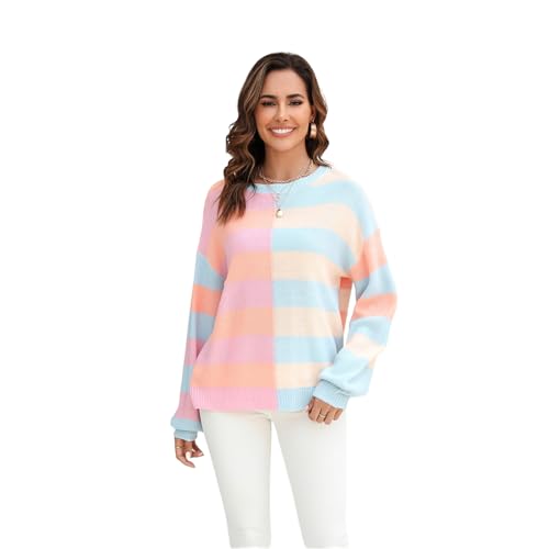 HEYPORK Damen Herbst Winter Warm Bequem Pullover Casual Mode Strickjacke Strickpullover Frauen Splicing Streifen Farbe Kollision Rundhals Strickpullover Pullover(Rosa, S) von HEYPORK