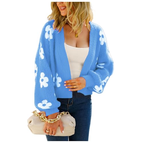 HEYPORK Damen Herbst Winter Warm Bequem Pullover Casual Mode Strickjacke Strickpullover Frauen Strickjacke StraßE Hipster Kurz Gestrickt Blumen Pullover(A Blau, S) von HEYPORK